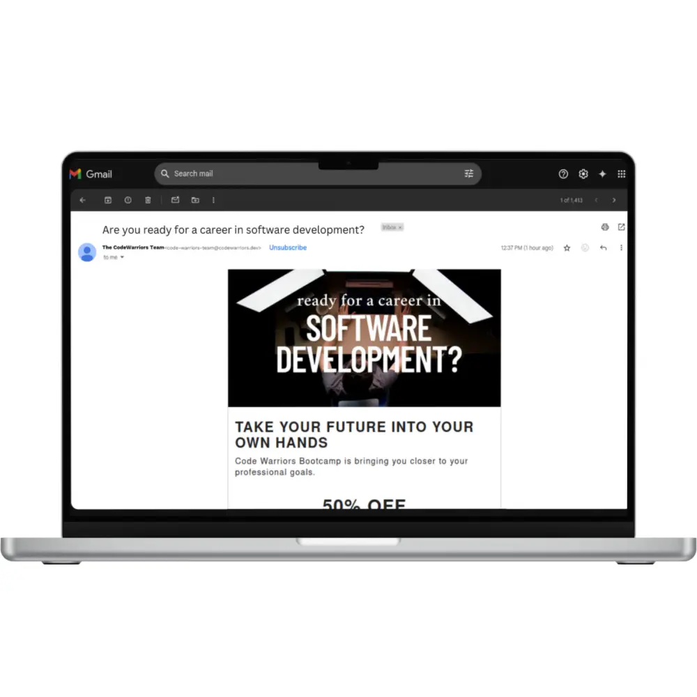 An email displayed in Gmail on a laptop