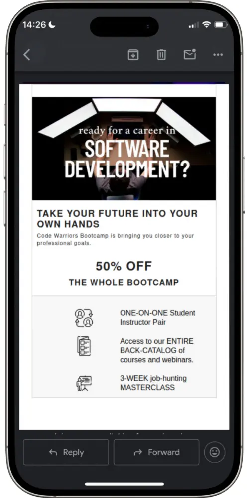 An email displayed in Gmail on an iphone