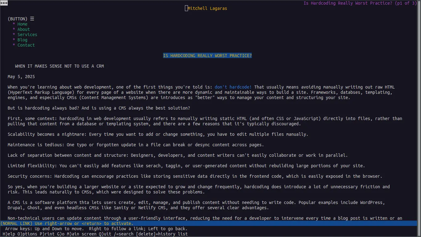 Screenshot of this blog running on Lynx