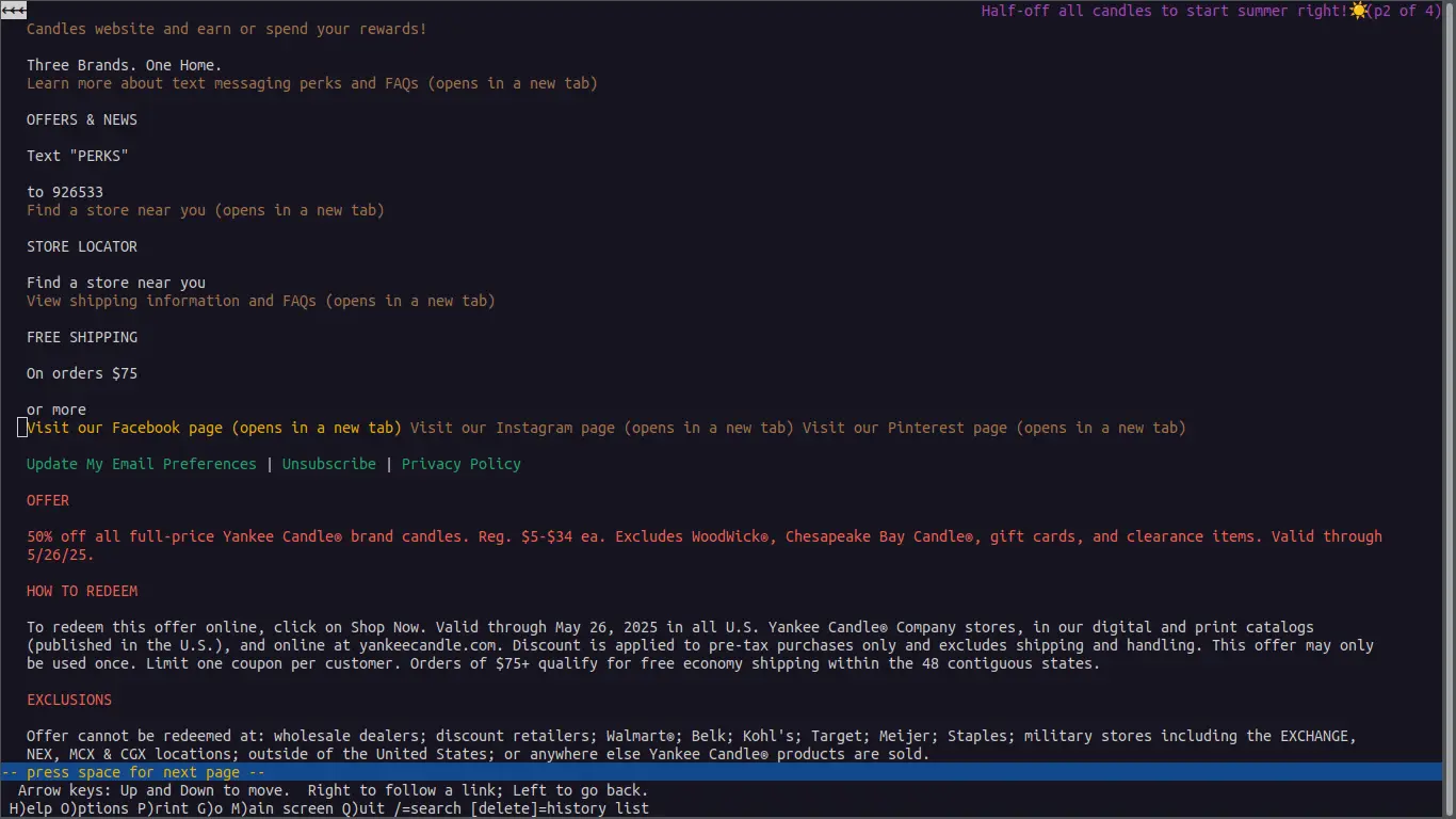A screenshot of the remade email in Lynx. Easier to parse, better alt captions, and clearer structure