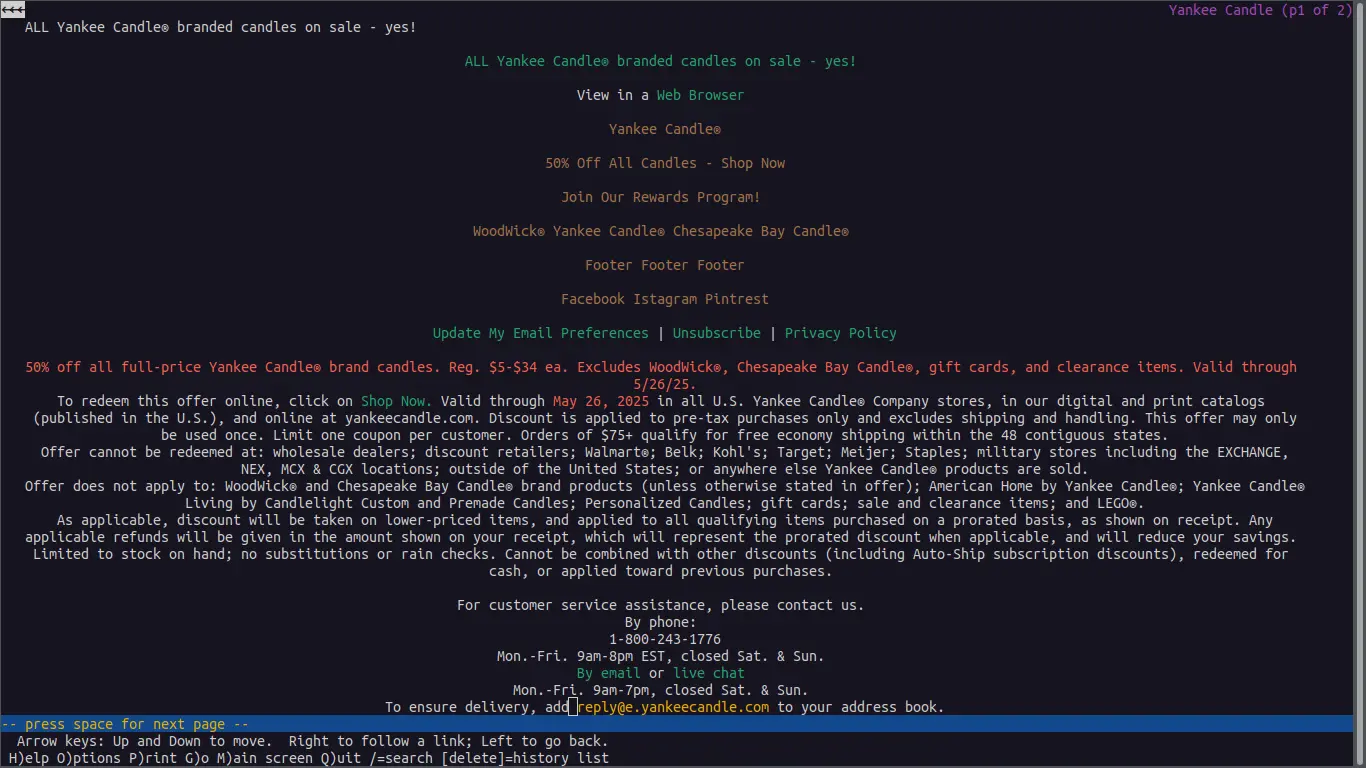 A screenshot of this email in Lynx. It's difficult to parse and in many ways unclear